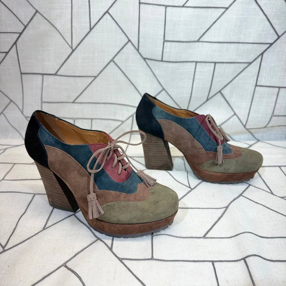 Earthies Skellig Platform Oxfords 7.5B Dark Olive Multi Suede Colorblock Tassel
